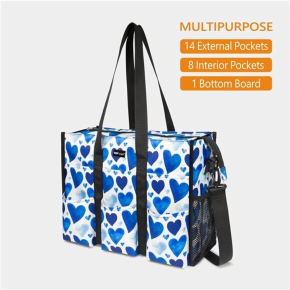 Utility Water Resistant Tote Bag with 22 Pockets, Top Zipper Closure